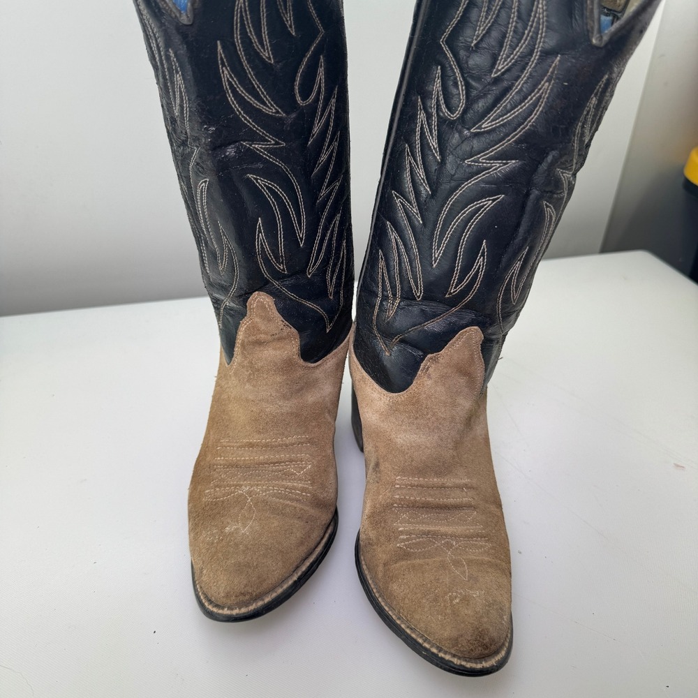 Vintage Texas Brand Boots Women 7M Tan Suede Black Leather Cowboy Western 80s - Picture 2 of 9